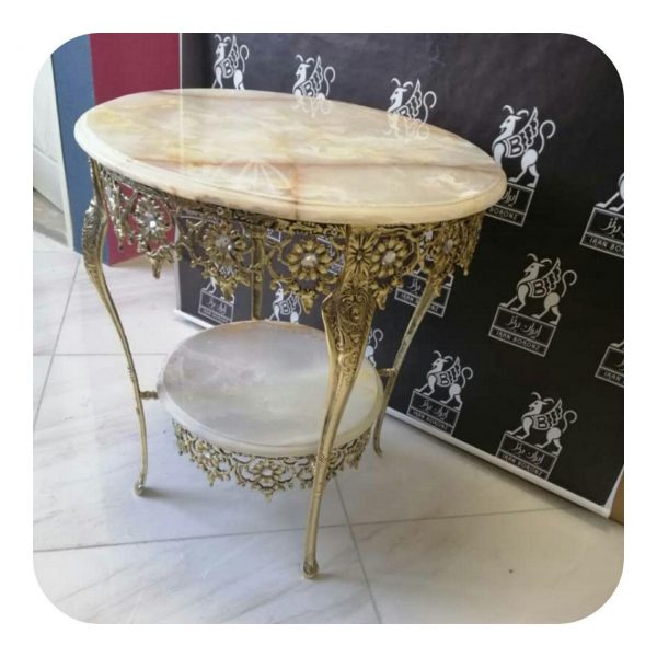 میز خاطره برنزی گرد دو طبقه تسمه نگین خور با سنگ مرمر - Image 3