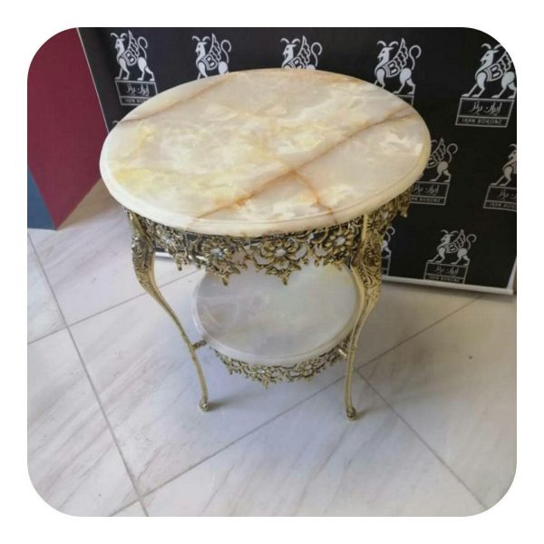 میز خاطره برنزی گرد دو طبقه تسمه نگین خور با سنگ مرمر - Image 5