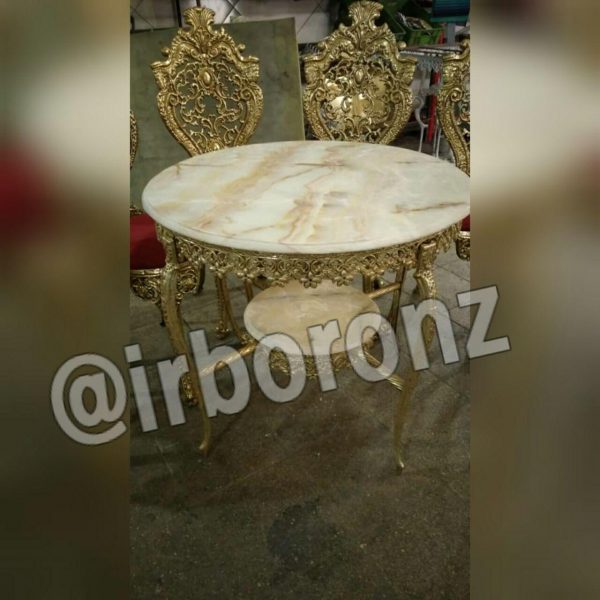 میز ناهار خوری آلیاژ برنزی شش نفره گرد دو طبقه با روی سنگ - Image 4
