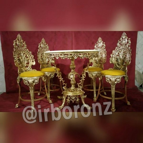 میز ناهارخوری آلیاژ برنزی چهارنفره پایه ماهی سنگین روی سنگ صندلی حلقه دار - Image 2