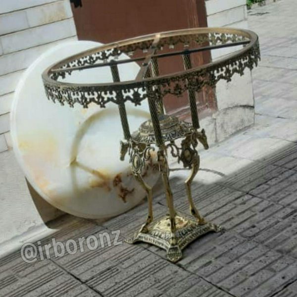 میز ناهارخوری تکی برنج برنزی مدل چهارپایه اسبی با روی سنگ قطر 80 سانتی - Image 2