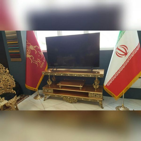 میز تلویزیون آلیاژ برنزی مدل دو کشو صفحه طلایی تسمه نگین درشت 140 سانتی - Image 2
