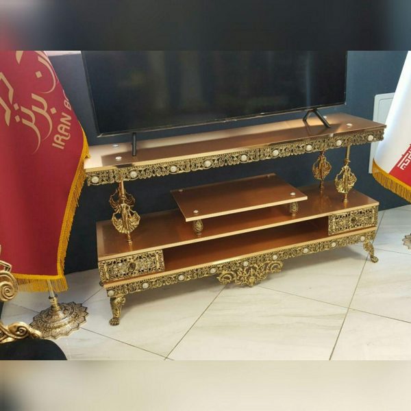 میز تلویزیون آلیاژ برنزی مدل دو کشو صفحه طلایی تسمه نگین درشت 140 سانتی - Image 5