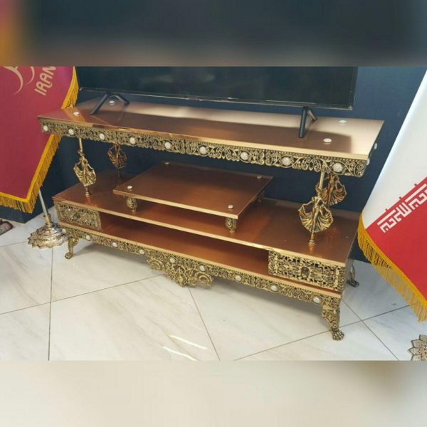 میز تلویزیون آلیاژ برنزی مدل دو کشو صفحه طلایی تسمه نگین درشت 140 سانتی - Image 6