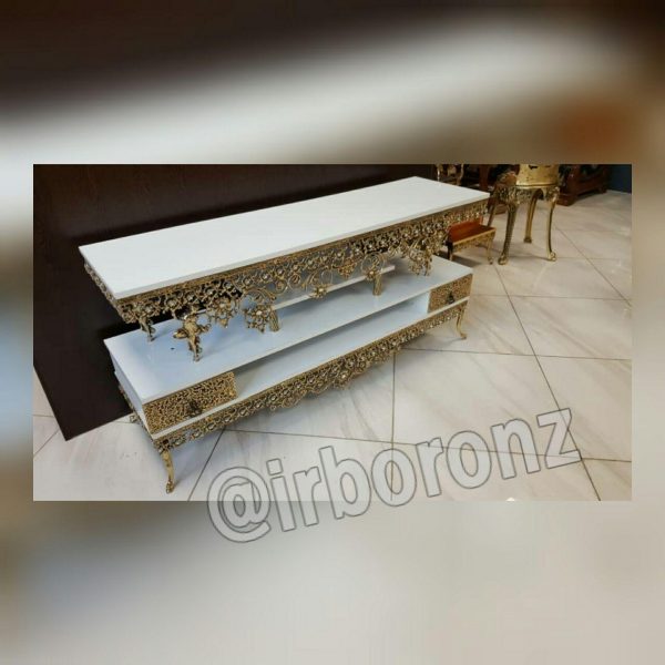 میز تلویزیون برنزی مدل تسمه یاس تاج پر کار مجسمه کمانی 140 سانتی - Image 3