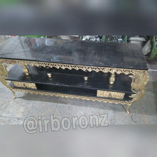 میز تلویزیون برنزی دو کشو مدل طاووس صفحه مشکی تسمه نیلوفری - Image 3