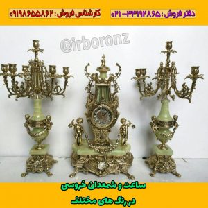 ساعت و شمعدان خروسی برنزی رنگ سبز