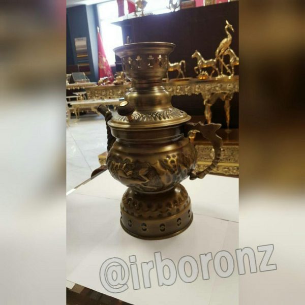 سماور کتری دار شکاری برنجی زغالی مدل گرد رنگ آنتیک - Image 2