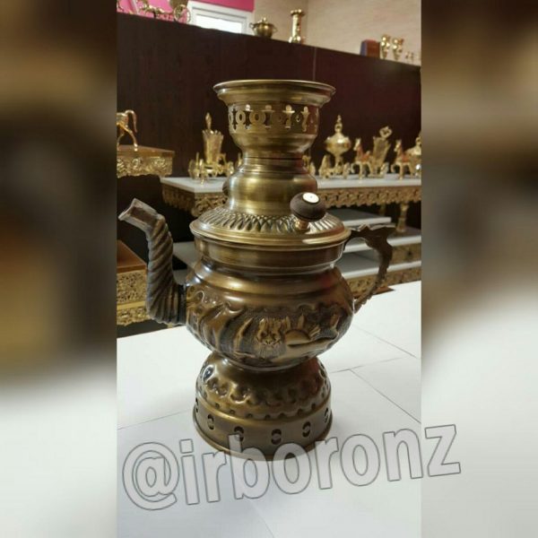 سماور کتری دار شکاری برنجی زغالی مدل گرد رنگ آنتیک - Image 3
