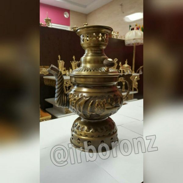 سماور کتری دار شکاری برنجی زغالی مدل گرد رنگ آنتیک - Image 4