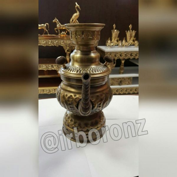 سماور کتری دار شکاری برنجی زغالی مدل گرد رنگ آنتیک - Image 5