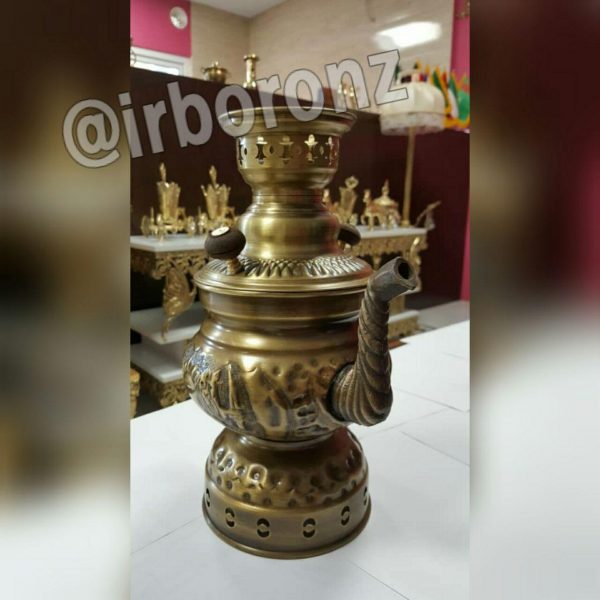 سماور کتری دار شکاری برنجی زغالی مدل گرد رنگ آنتیک - Image 6