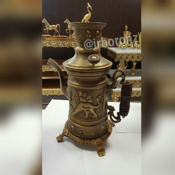 سماور کتری دار زغالی شکاری برنجی رنگ آنتیک - Image 6