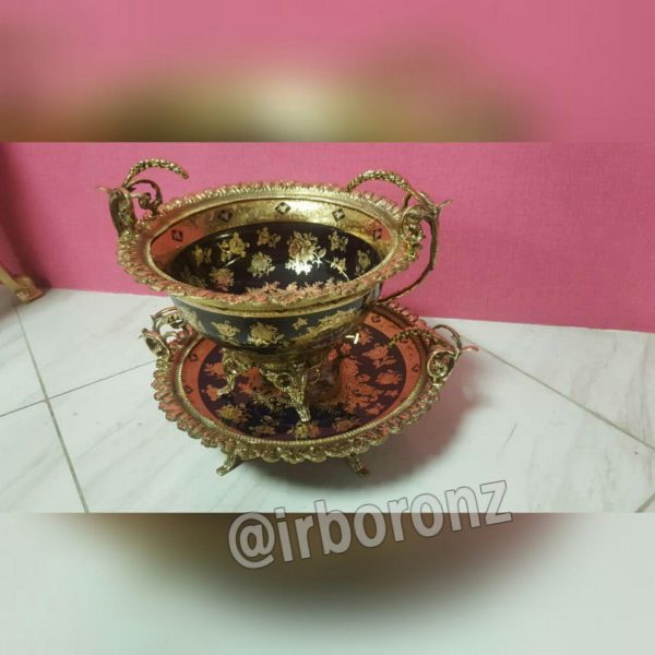 کاسه و بشقاب پایه برنزی ظرف سرمه ای مدل دسته گندم - Image 2