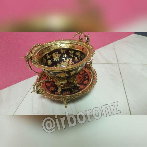 کاسه و بشقاب پایه برنزی ظرف سرمه ای مدل دسته گندم - Image 3
