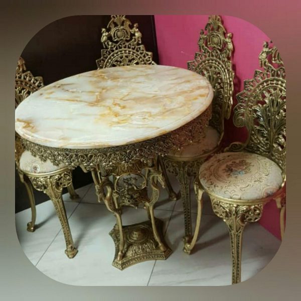 میز ناهارخوری آلیاژ برنزی مدل چهارپایه اسبی 4 نفره روی سنگ مرمر - Image 3
