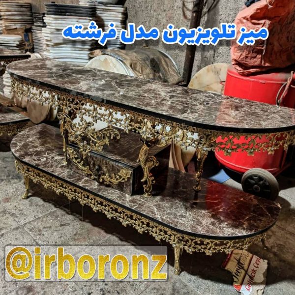 میز تلویزیون برنزی مدل فرشته با صفحه مشکی طرح سنگ